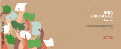 People's hands exchange ideas and holding speech bubble with eco green vote. Team cooperation and communicate banner template. Diversity multicultural group with message cartoon vector illustration