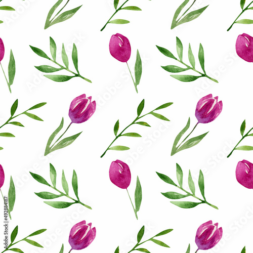 Watercolor tulip flowers seamless pattern. Floral rustic endless background. Nature illustration for wrapping paper  textile  decorations.