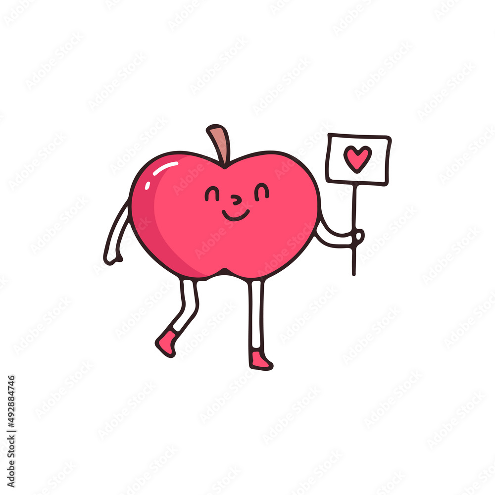Fototapeta premium Apple mascot character holding love sign, illustration for t-shirt, street wear, sticker, or apparel merchandise. With retro, and cartoon style.