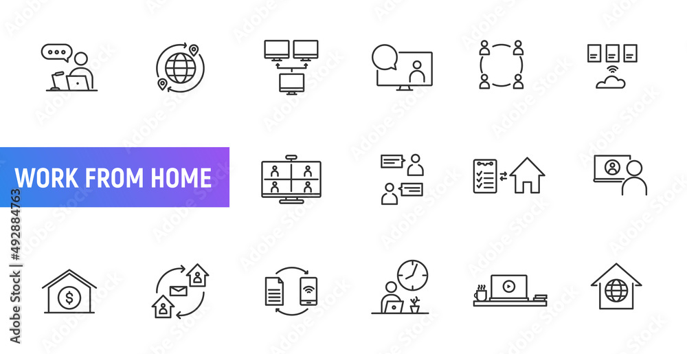 Work from home line icon office remote online meeting. Vector computer telework person desk lifestyle family illustration