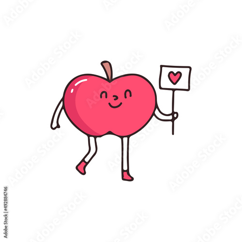Apple mascot character holding love sign, illustration for t-shirt, street wear, sticker, or apparel merchandise. With retro, and cartoon style.