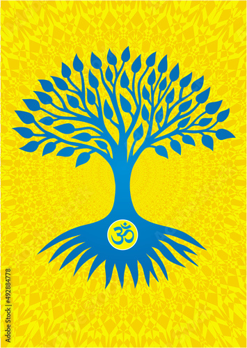 The tree of life with aum, om, ohm sign in center. Colors of flag of Ukraine. Vector art graphics.
