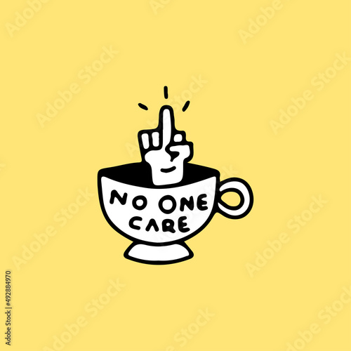 Cup of coffee with middle finger hand, illustration for t-shirt, street wear, sticker, or apparel merchandise. With doodle, retro, and cartoon style.