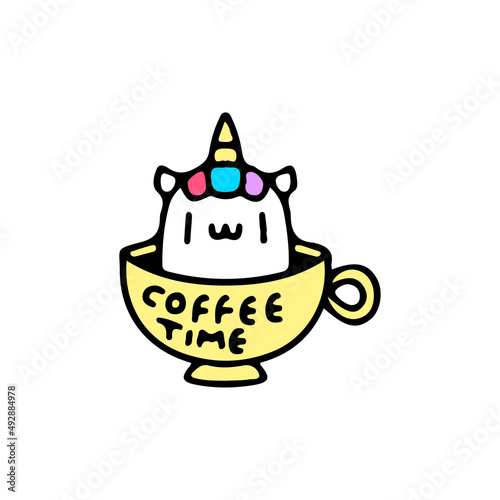 Cute unicorn inside a cup of coffee, illustration for t-shirt, street wear, sticker, or apparel merchandise. With retro, and cartoon style.