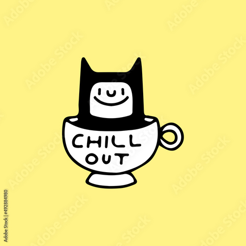 Cat boy inside coffee cup, illustration for t-shirt, street wear, sticker, or apparel merchandise. With doodle, retro, and cartoon style.