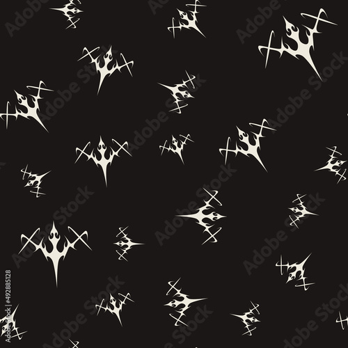 Abstract pattern tattoo sword sketch. Artistic death metal logo design. Random, chaotic white illustration in Metalcore style on a black background.
