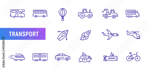 Transport line icon bus car train. Transport metro vehicle line vector bike boat symbol set