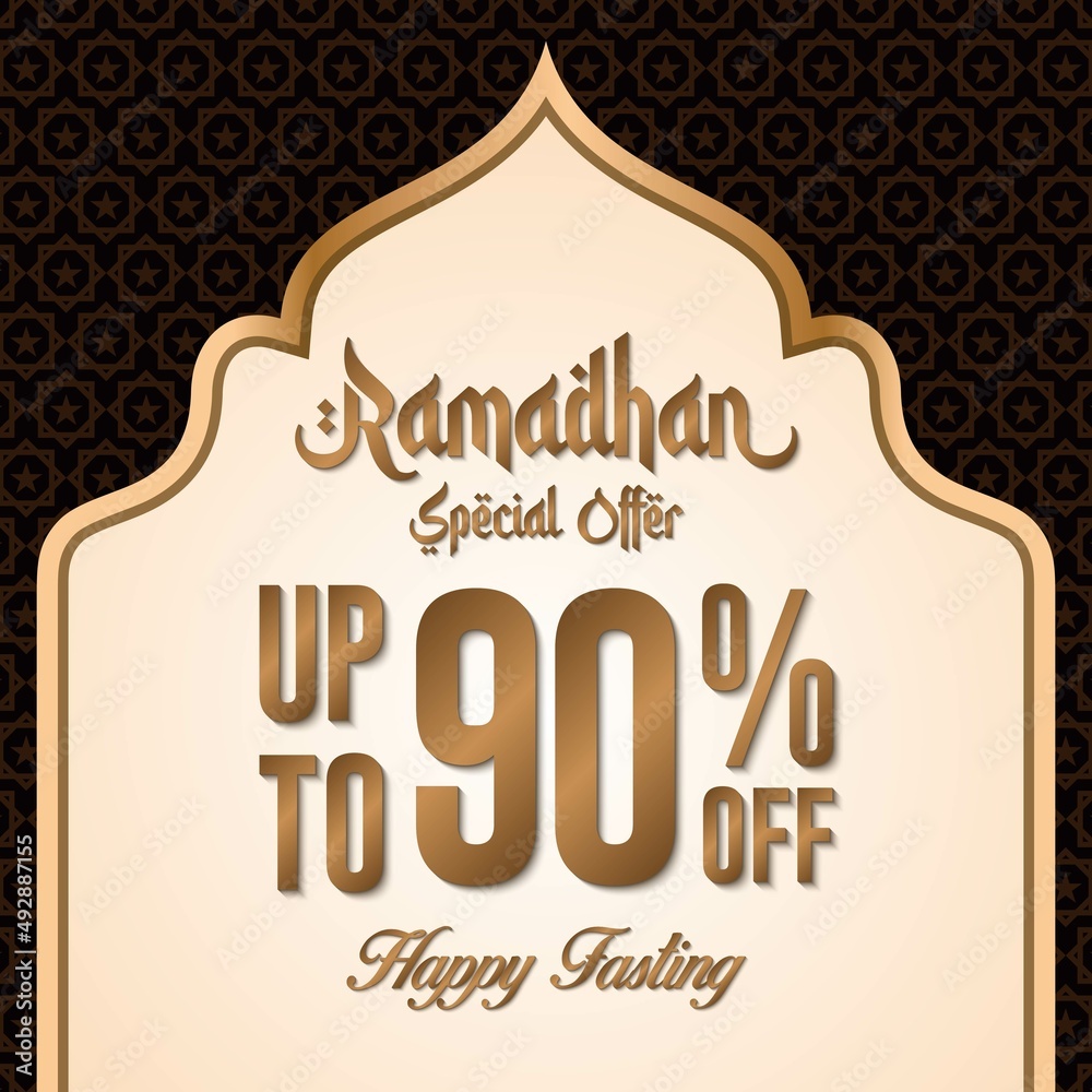 Obraz premium Ramadan sale poster promotion, Special offer up to 90% off with gold color, and landscape mosque. Islamic Background. Vector Illustration.