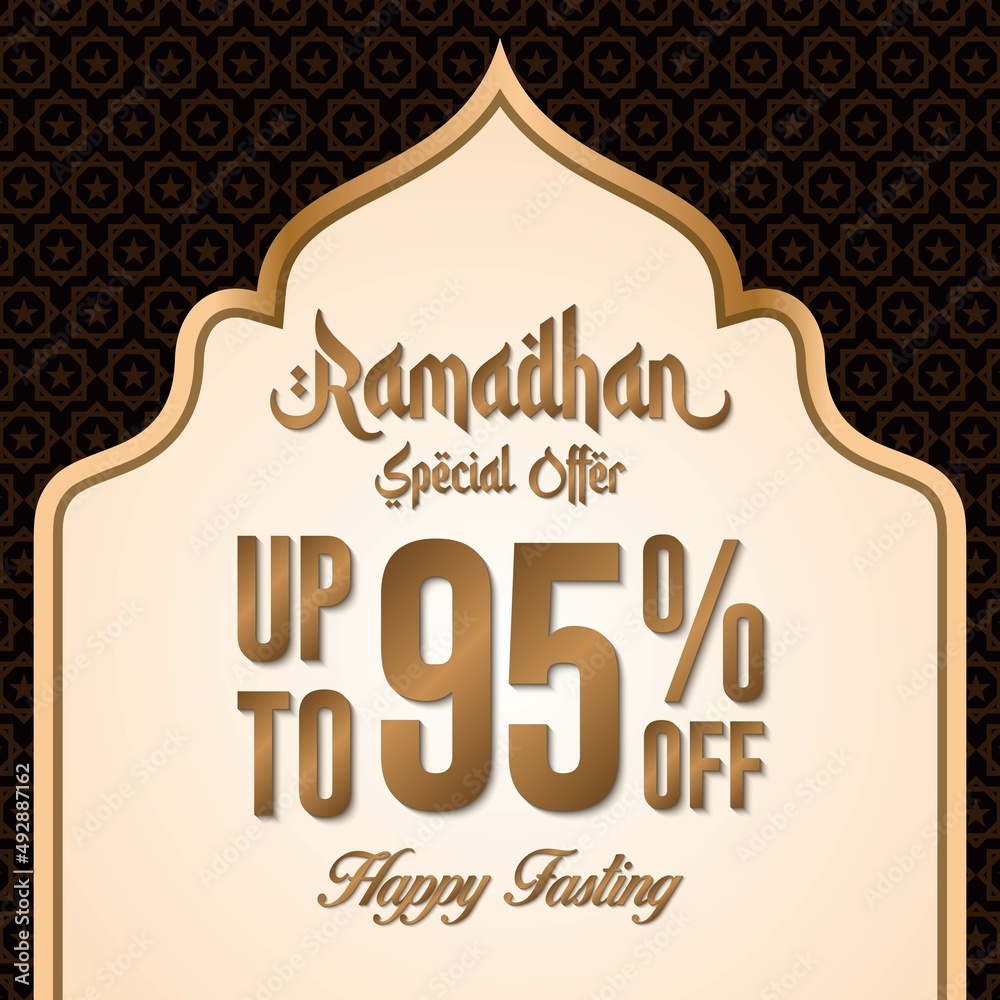 Obraz premium Ramadan sale poster promotion, Special offer up to 95% off with gold color, and landscape mosque. Islamic Background. Vector Illustration.