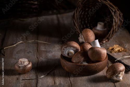 Forest mushrooms on a rustic table
