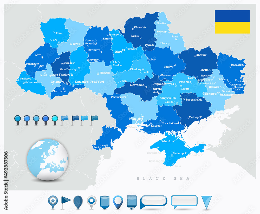 Ukraine map cities and regions and glossy map icons