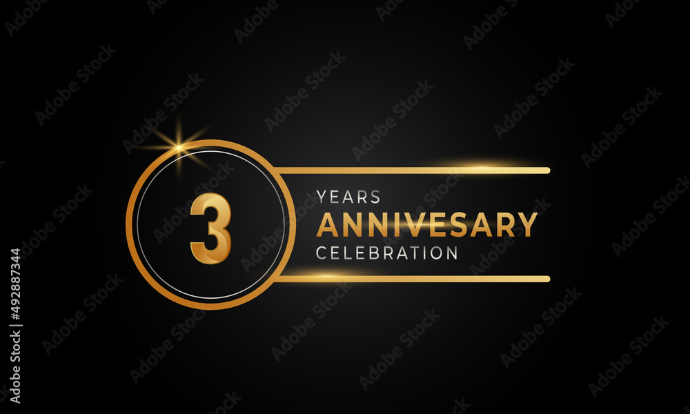 3 Year Anniversary Celebration Golden and Silver Color with Circle Ring for Celebration Event, Wedding, Greeting card, and Invitation Isolated on Black Background