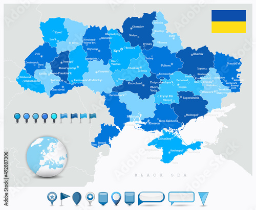 Ukraine map cities and regions and glossy map icons © pomogayev