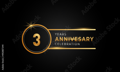 3 Year Anniversary Celebration Golden and Silver Color with Circle Ring for Celebration Event, Wedding, Greeting card, and Invitation Isolated on Black Background