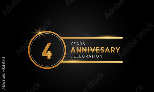 4 Year Anniversary Celebration Golden and Silver Color with Circle Ring for Celebration Event, Wedding, Greeting card, and Invitation Isolated on Black Background