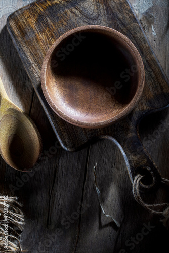 Wooden utensils on a rustic table