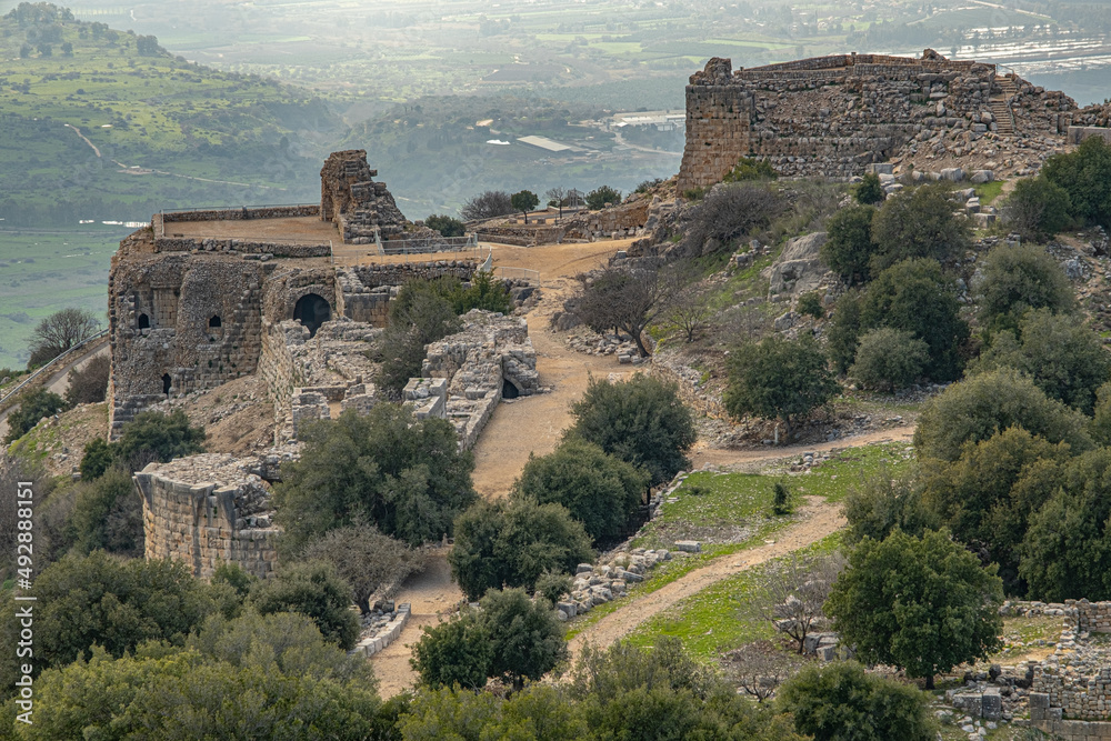 Westbound aerial view of Nimrod Crusader Castle, located in Northern Golan, at the southern slope of Mount Hermon, as seen from the Keep (Donjon), Golan Heights, Israel