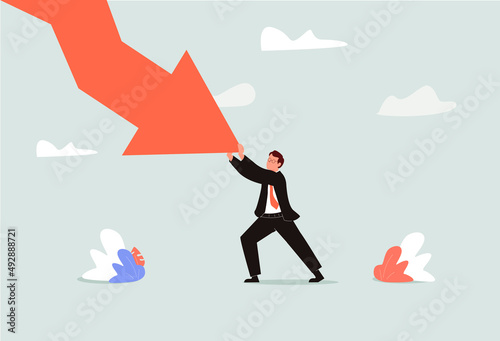 Resilience to survive investment crash, crisis or recession, pushing back or effort to win business challenge, economic recession concept, businessman pushing falling down arrow with full effort. © RedVector