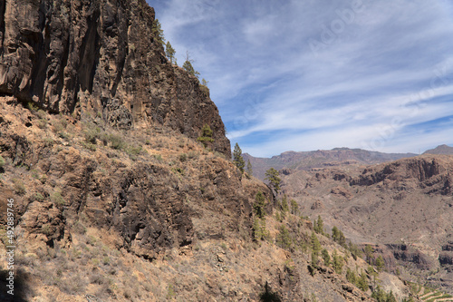 Gran Canaria, landscape of the southern part of the island along Barranco de Arguineguín steep and deep ravine with vertical rock walls, circular hiking route starting at a hamlet Barranquillo Andres 