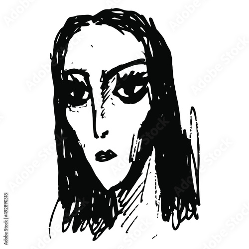 Female face. Head of a beautiful sad woman. Hand drawn linear doodle rough sketch. Black silhouette on white background.