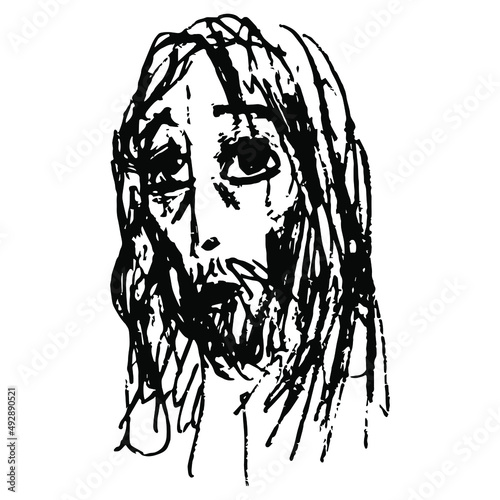 Head of Jesus Christ. Disheveled young man with long hair and a beard. Hippy guy. Hand drawn linear doodle rough sketch. Black silhouette on white background. Male portrait.