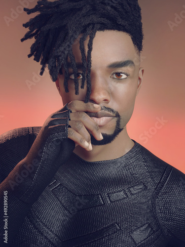 Canvas-taulu A 3d digital rendering of an attractive African American man with small dreadlocks and a black outfit with gloves