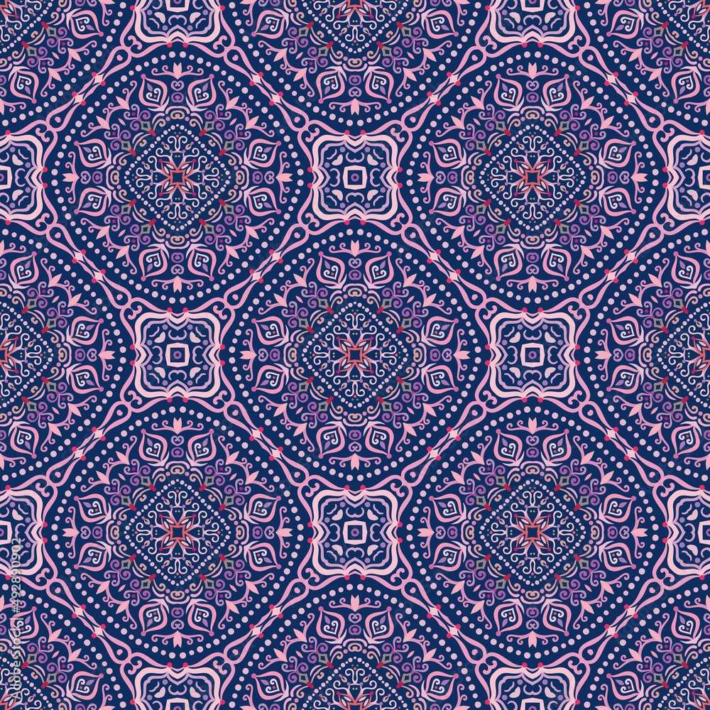 Swirl Pattern Vector. Blue and pink background with purple abstract flowers