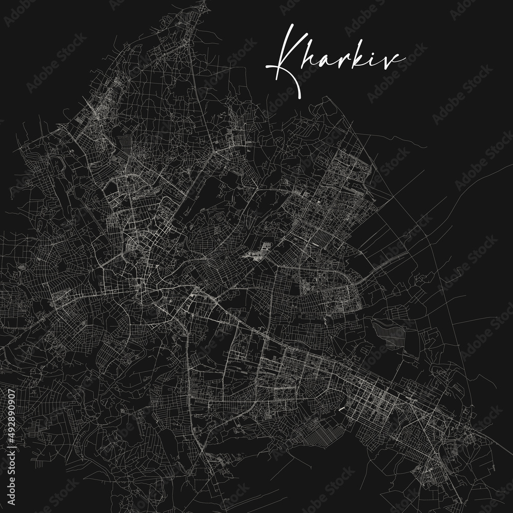 Poster Kharkiv Black and white street map. Stock vector illustration isolated on black background.