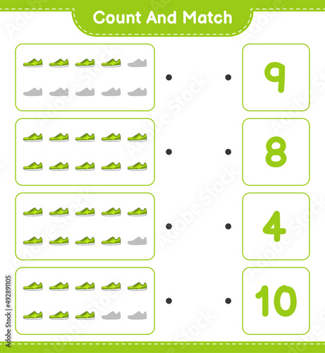 Count and match  count the number of Sneaker and match with the right numbers. Educational children game  printable worksheet  vector illustration