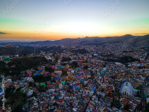 erial top down view of the Historic Centre of Guanajuato City in Guanajuato, Mexico.