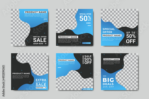 Set of Editable square instagram banner template. Black and blue background color with stripe line shape. Suitable for social media post and web internet ads. Vector illustration with photo college