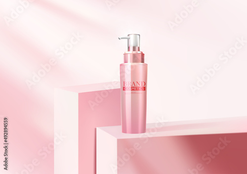 Cosmetics ads on pink box podium stage and pink background . banner template for beauty