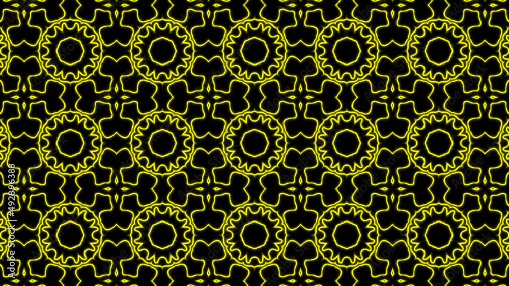 Abstract yellow geometric seamless pattern background. Abstract Stripes Kaleidoscope. Fast Psychedelic Colorful Kaleidoscope VJ background. Disco Abstract Background. Kaleidoscope effect