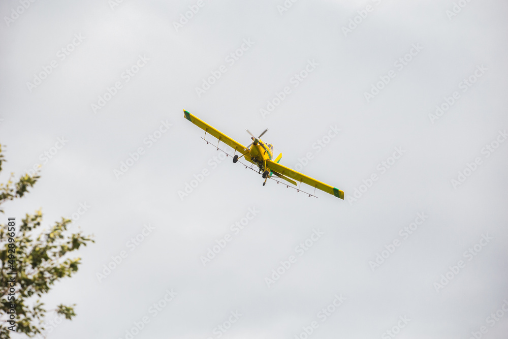 Fototapeta premium The underside of a yellow crop dusting sptay plane flying in the air