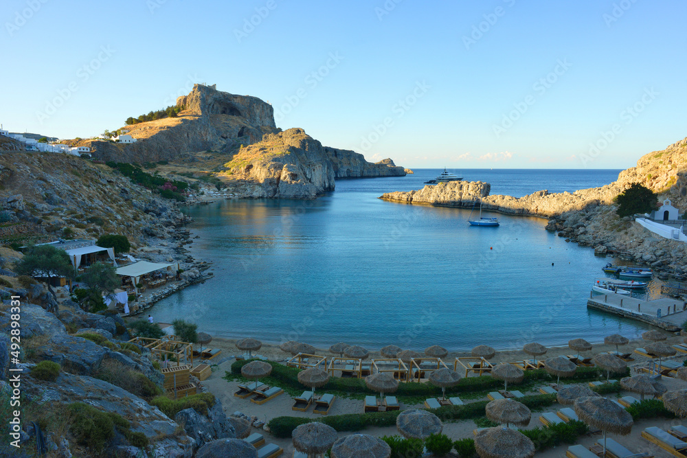 Lindos, Greece, St Pauls Bay with view to the acropolis