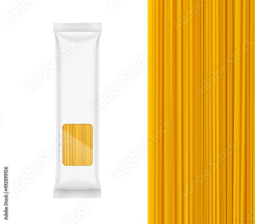 Flow pack mockup with window. Vector illustration isolated on white background. Ready to place your design. Can be use for pasta, food, medicine, cosmetic and etc. Ready for your design. EPS10.	