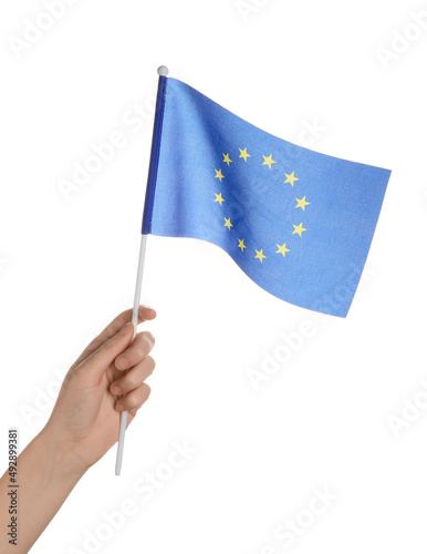 Woman holding flag of European Union on white background © Pixel-Shot