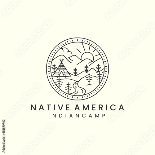 indian camp and mountain with badge and line art style logo icon template design. teepees, native, america, sun, tree, vector illustration