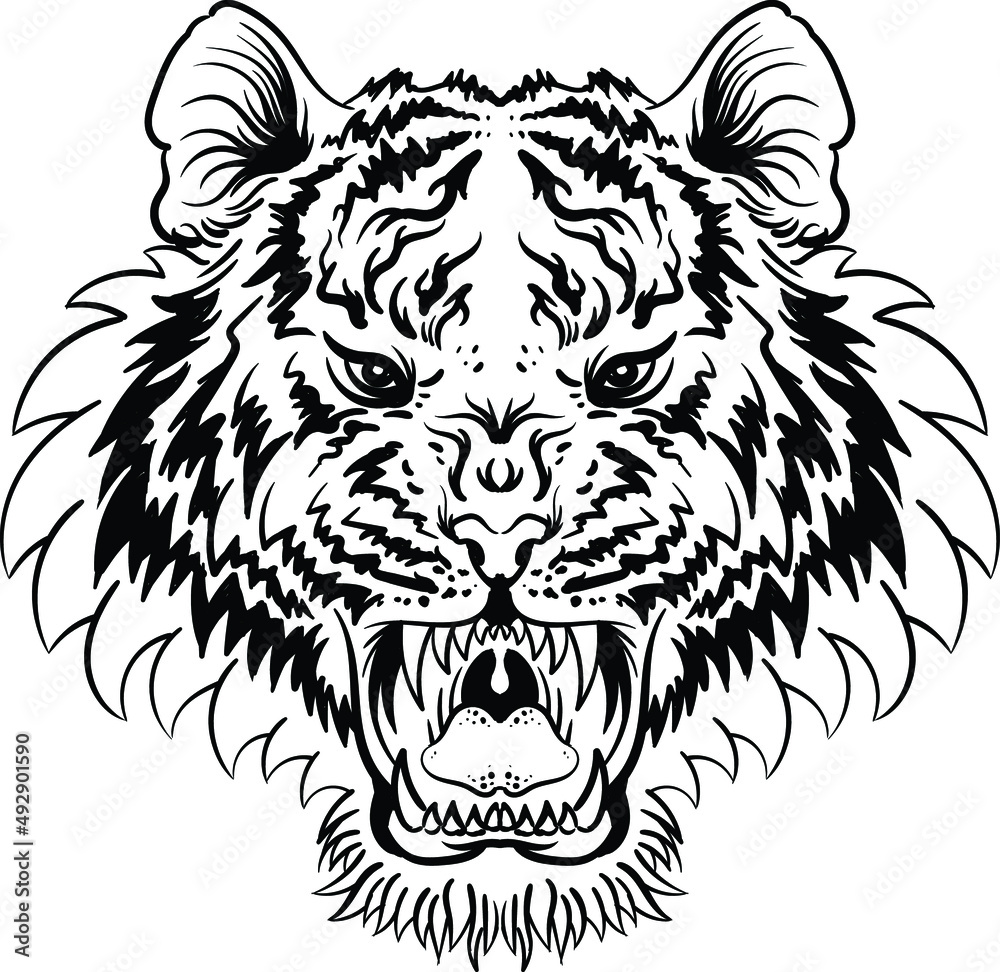 The Vector logo tiger for tattoo or T-shirt design or outwear. Hunting style big cat print on black background. This hand drawing is for black fabric or canvas. The Vector logo tiger for tattoo or T-shirt design or outwear. Hunting style big cat print on black background. This hand drawing is for black fabric or canvas.