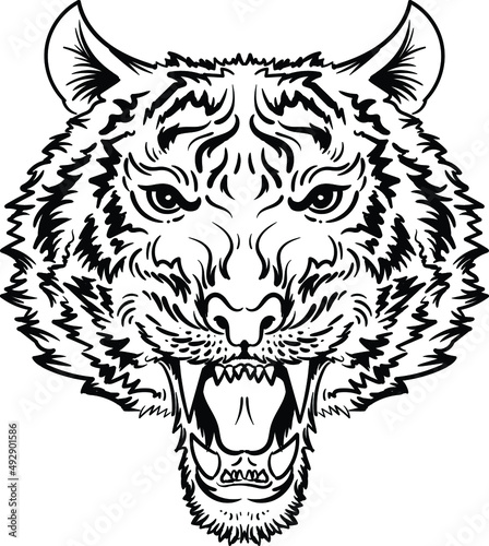 The Vector logo tiger for tattoo or T-shirt design or outwear.  Hunting style big cat print on black background. This hand drawing is for black fabric or canvas.