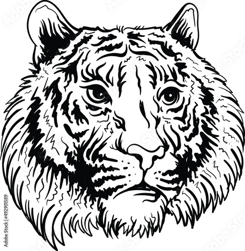 The Vector logo tiger for tattoo or T-shirt design or outwear.  Hunting style big cat print on black background. This hand drawing is for black fabric or canvas.