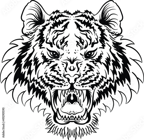 The Vector logo tiger for tattoo or T-shirt design or outwear.  Hunting style big cat print on black background. This hand drawing is for black fabric or canvas.