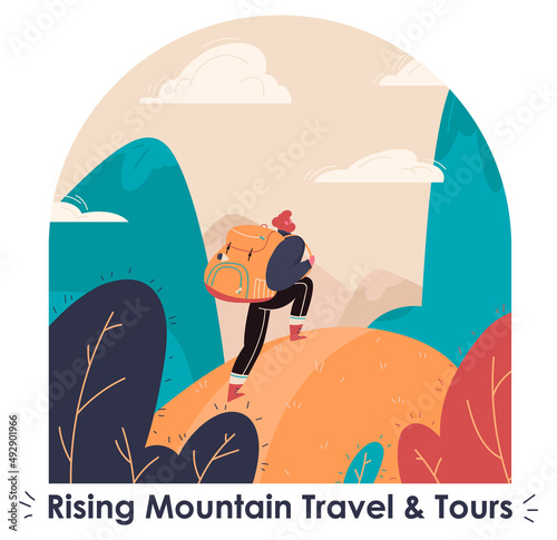 Hiking tourism. Mountan travel concept of adventure, discovering, exploring, and observing nature. Minimalist graphic flyers.
