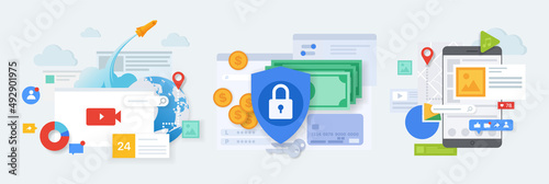 Business and multimedia illustration concept. Set of design elements for seo, marketing, social media and privacy protection. Flat vector illustration for web, mobile apps and graphic design