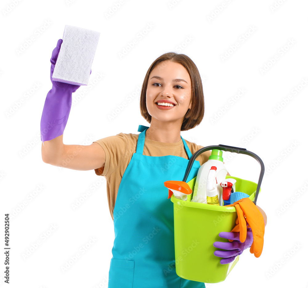 Beautiful young woman with cleaning supplies on white background Beautiful young woman with cleaning supplies on white background