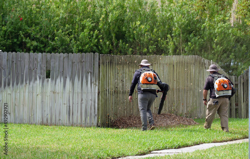 Workers cleaning lawn in park from Dead Leaves