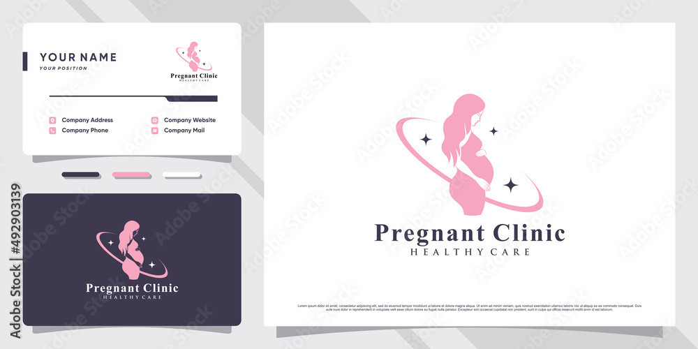 Woman pregnant clinic logo with creative concept and business card design Premium Vector