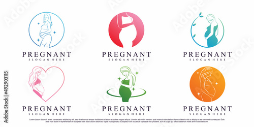 Set of pregnant woman logo design with creative element Premium Vector