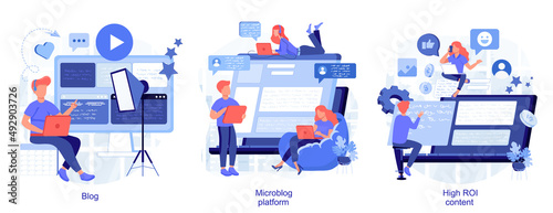 Social media marketing abstract concept vector illustration set. Microblog platform, blog and high ROI content, influencer, brand promotion, followers and subscriptions, viral content abstract
