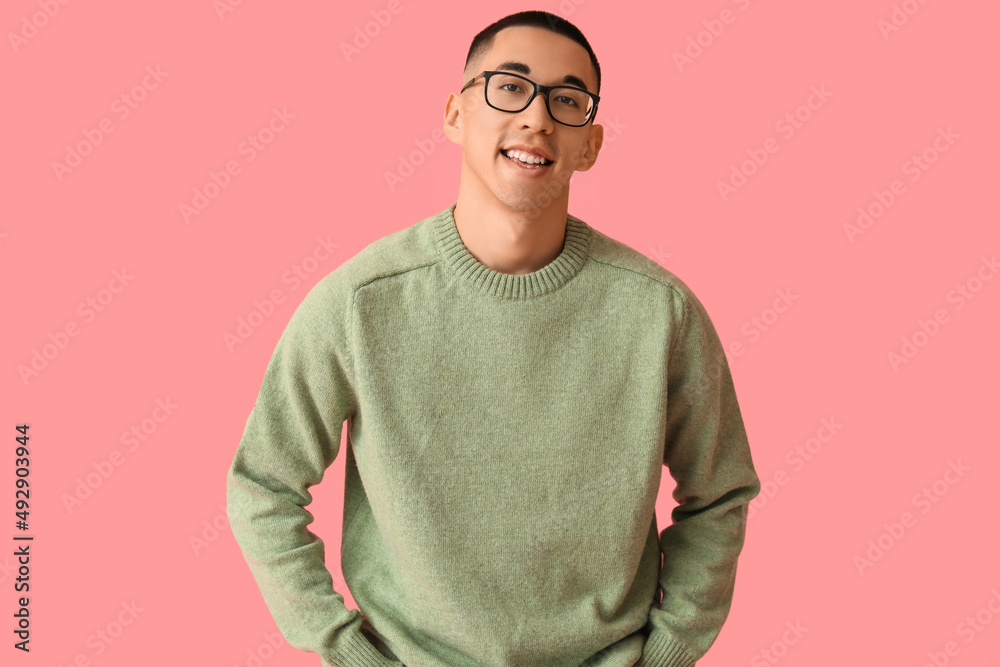 custom made wallpaper toronto digitalHandsome young Asian man in knitted sweater on pink background